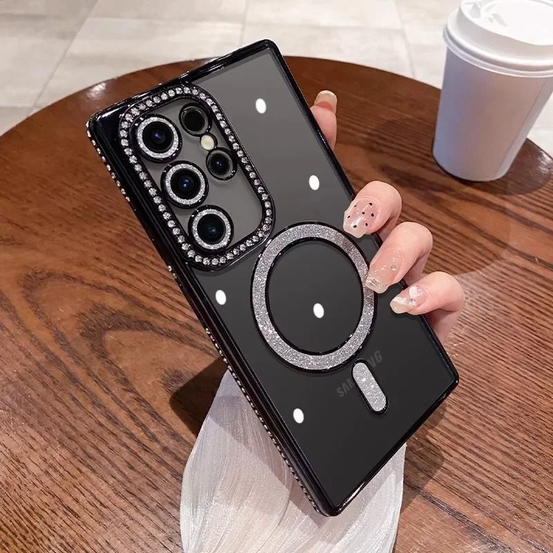 Samsung Galaxy S23/S24/S25 Ultra Magnetic Case with Glitter Diamond Camera Protector, Luxury Plating Bling Rhinestones Soft Bumper Clear Transparent Phone Case - Image 38