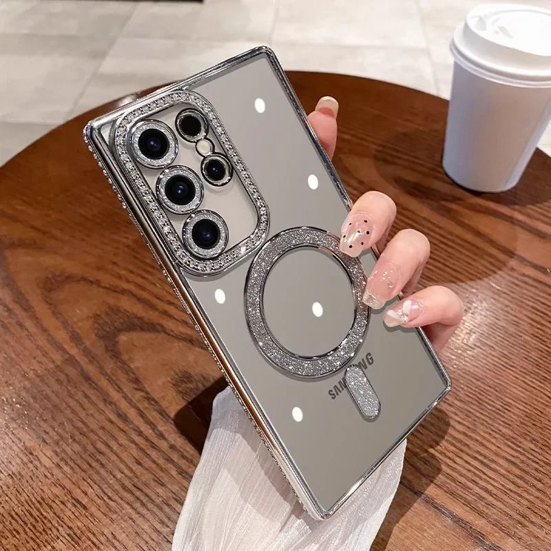 Samsung Galaxy S23/S24/S25 Ultra Magnetic Case with Glitter Diamond Camera Protector, Luxury Plating Bling Rhinestones Soft Bumper Clear Transparent Phone Case - Image 33