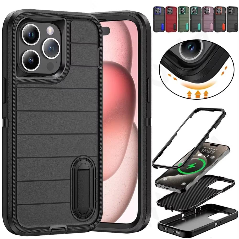 Heavy Duty Shockproof  3-Layer Military-Grade Rugged Protective Bumper Phone Case with Kickstand Anti-Slip Grip Shockproof For iPhone 16 15 14 13 12 11 Pro Max Series - Image 13