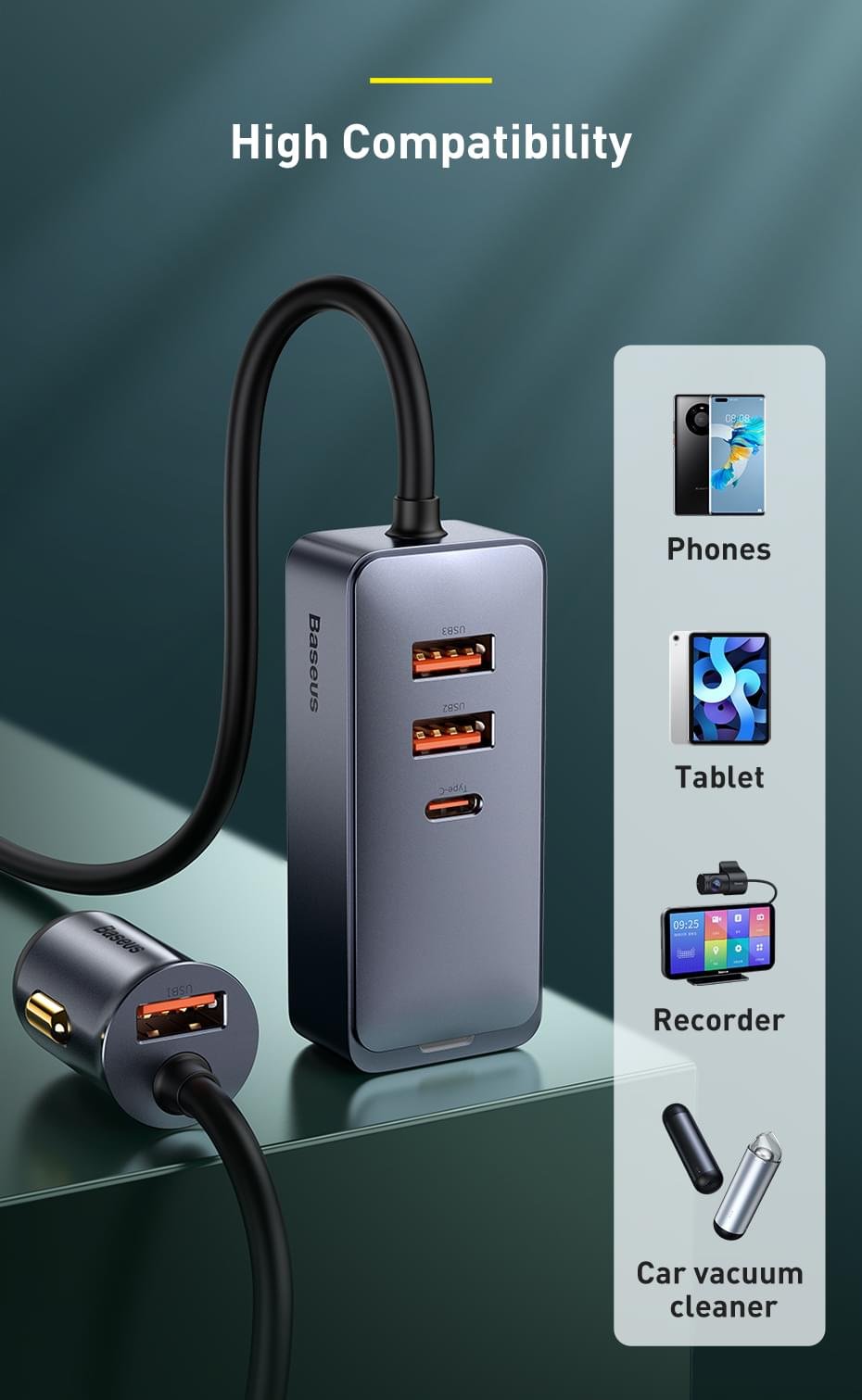 Baseus120W USB Type C 4.0 Fast Charging Four Port Car Charger