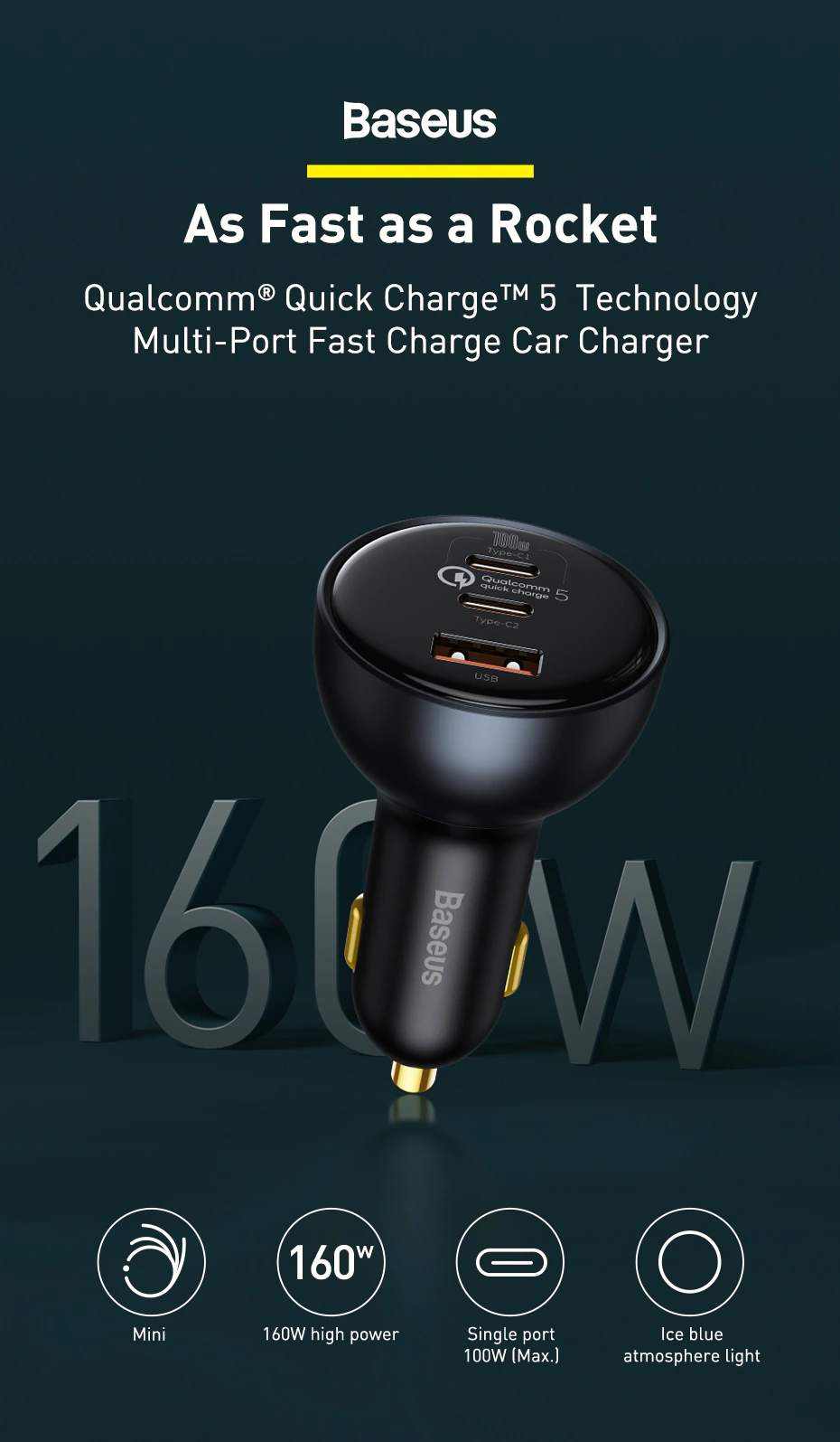 Baseus 160W Car Charger QC 5.0 Fast Quick Charging PD3.0  USB Type C Car Charger