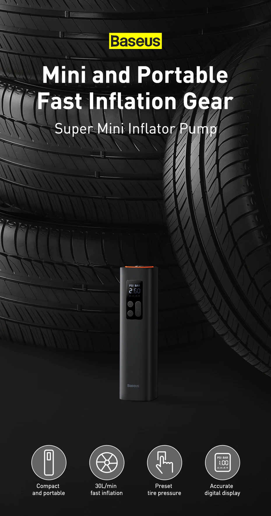 Baseus Mini Car Air Compressor 12V 150PSI Portable Car Tire Inflator Smart Digital Inflatable Pump