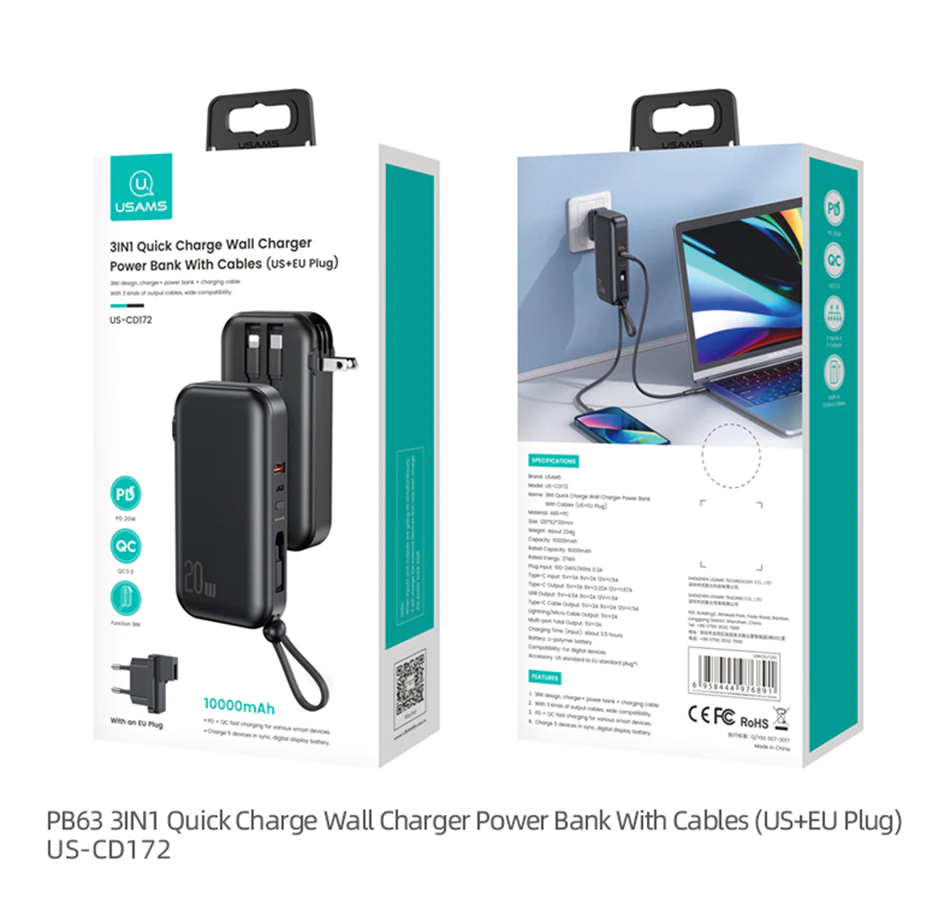 Usams 3IN1 Fast Charging 10,0000Mah Power bank and Wall Charger - Image 12