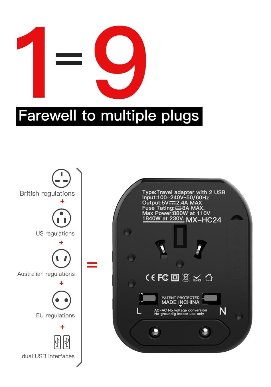MOXOM 4 in1 with USB Charger Universal Adaptor Multi-Nation Travel Adapter - Image 22