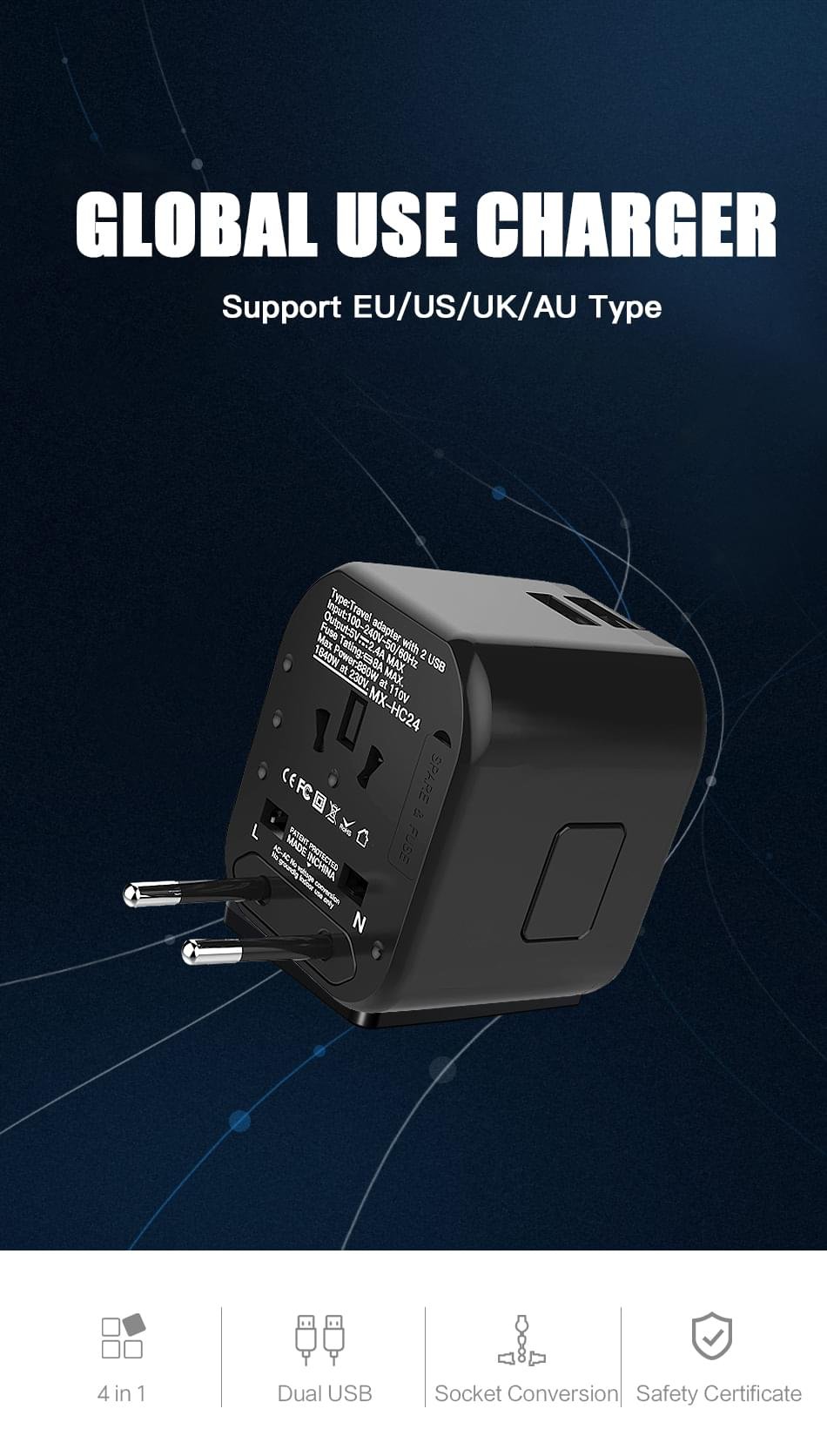 MOXOM 4 in1 with USB Charger Universal Adaptor Multi-Nation Travel Adapter - Image 24
