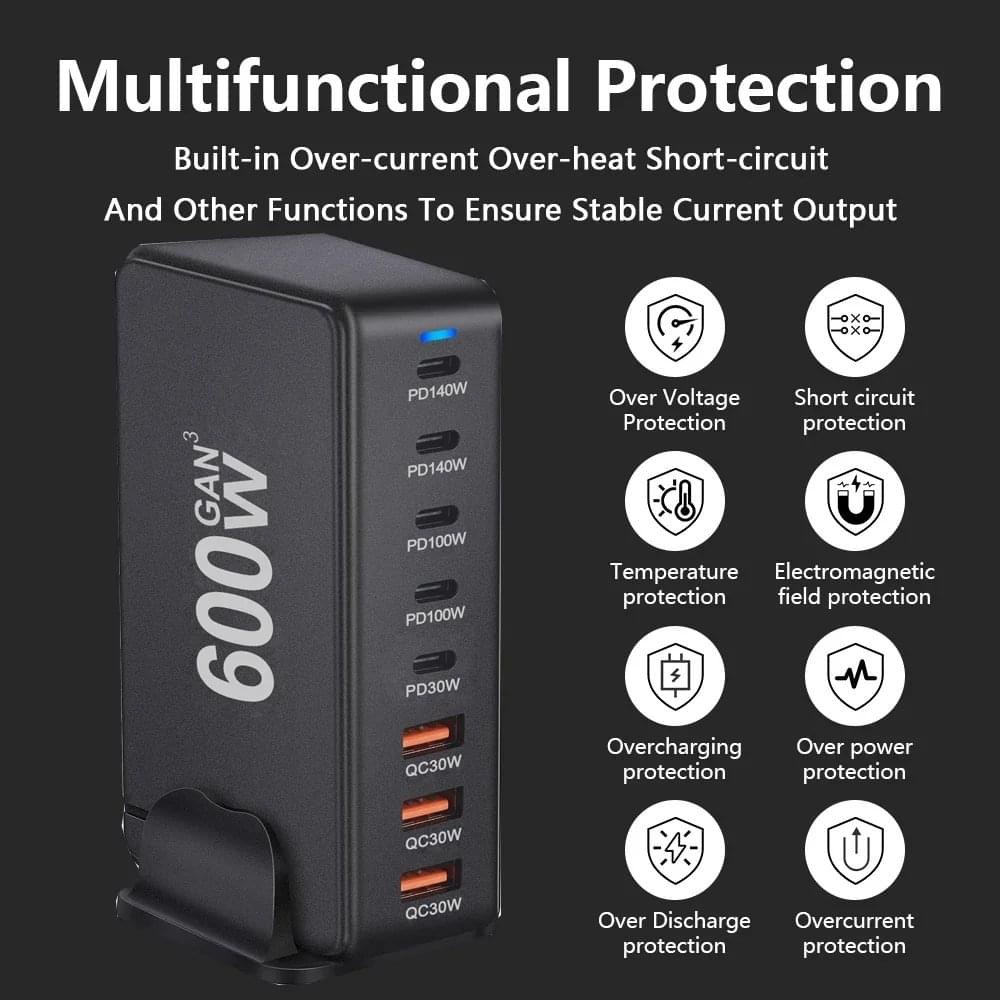 600W GaN USB C Charger 8 port Desktop Charging Station PD3.0 USB Type C Fast Charger