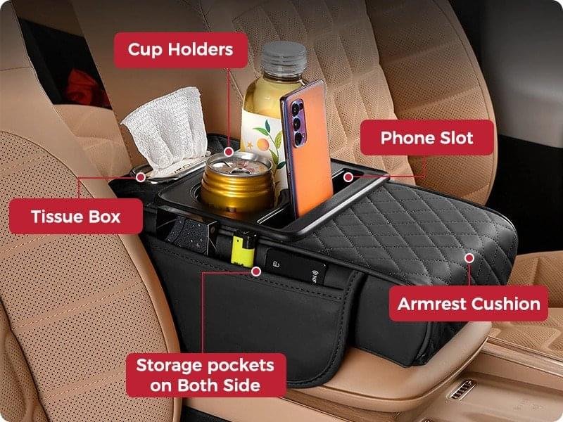 3 In 1 Car Armrest Console, Universal Fit with 2 Cup Holders, Mobile Stand Tissue Holder & Side Storage - Image 2