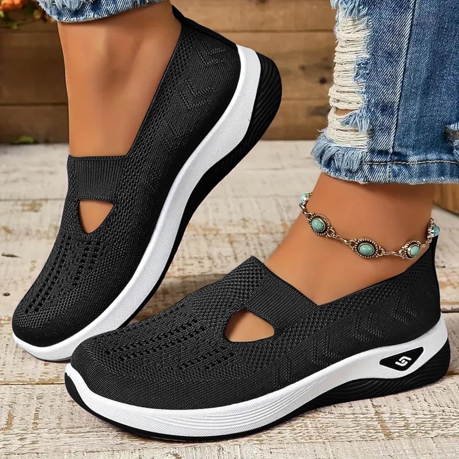 Women's Walking Sneakers Slip-On Woven Breathable Mesh Air Cushion Athletic Shoes