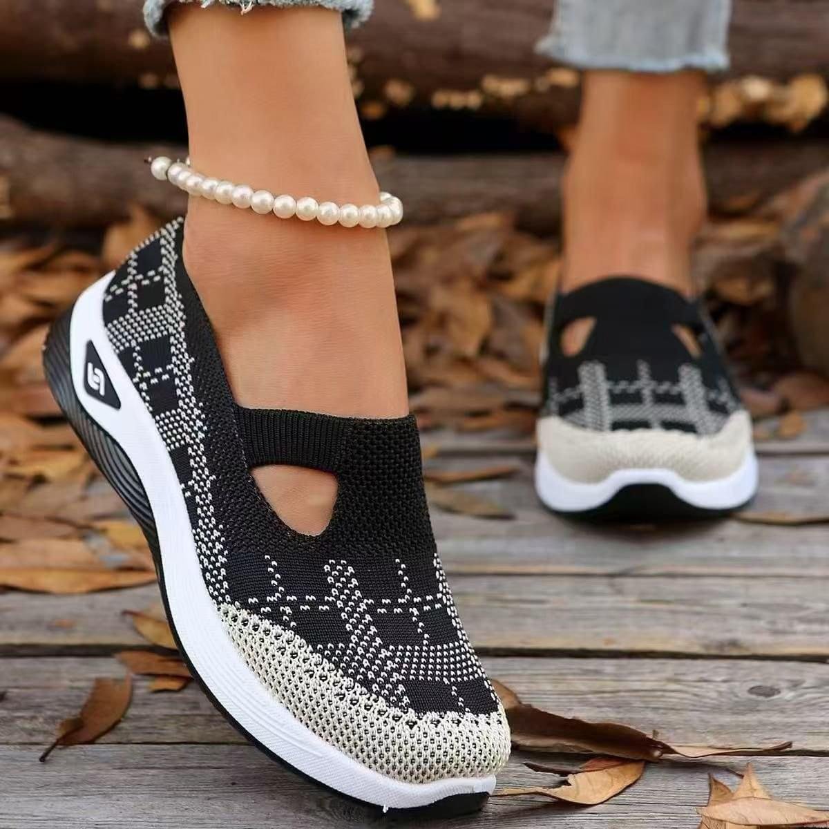 Women's Walking Sneakers Slip-On Woven Breathable Mesh Air Cushion Athletic Shoes Checkered Color